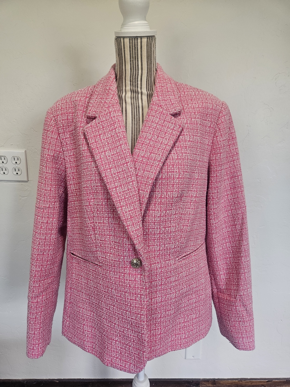 Pink Tweed Single-Button Blazer Jacket